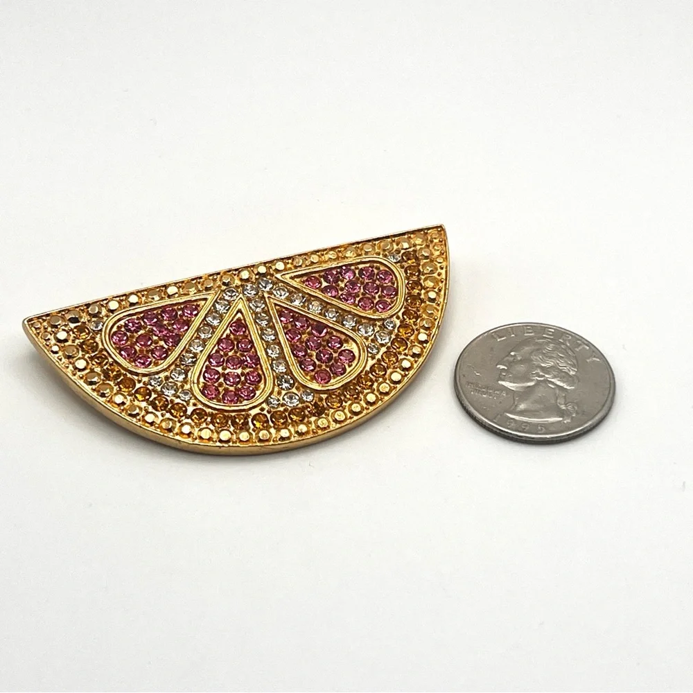 Vintage Carlisle Signed Swarovski Rhinestone Pink Gold Grapefruit Brooch - Picture 7 of 10